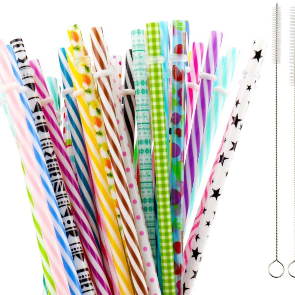 50 Pack Reusable Straws, BPA-Free, 9" Colorful Hard Plastic Stripe Drinking Straw for Mason Jar Tumbler, Family or Party Use with Cleaning Brush