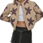 Gacaky Women's Lightweight Floral Embroidered Cropped Quilted Jacket Winter Warm Button Down Puffer Jacket Coat with Pockets