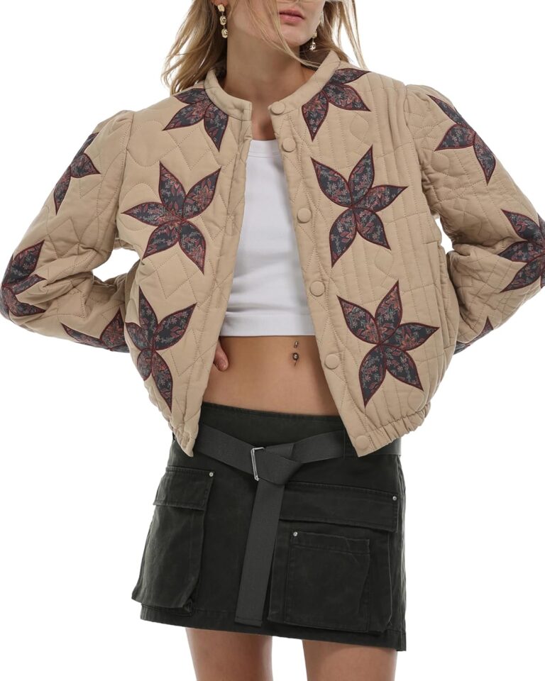 Gacaky Women's Lightweight Floral Embroidered Cropped Quilted Jacket Winter Warm Button Down Puffer Jacket Coat with Pockets