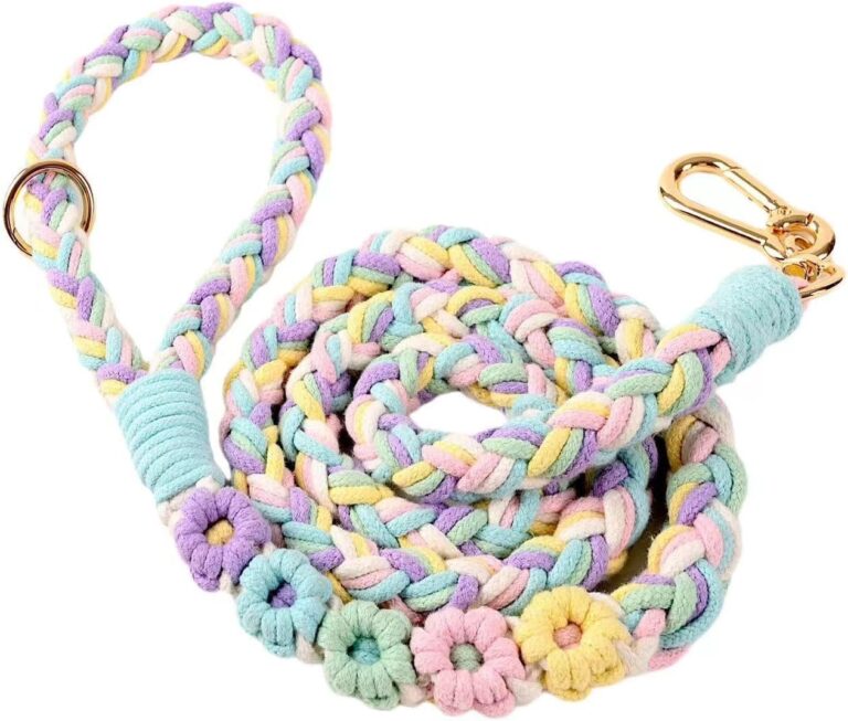 Handmade 5ft Braided Cotton Dog Leash with Unique Floral Handle, Durable and Stylish, Ideal for Small to Large Dogs, Rainbow Color