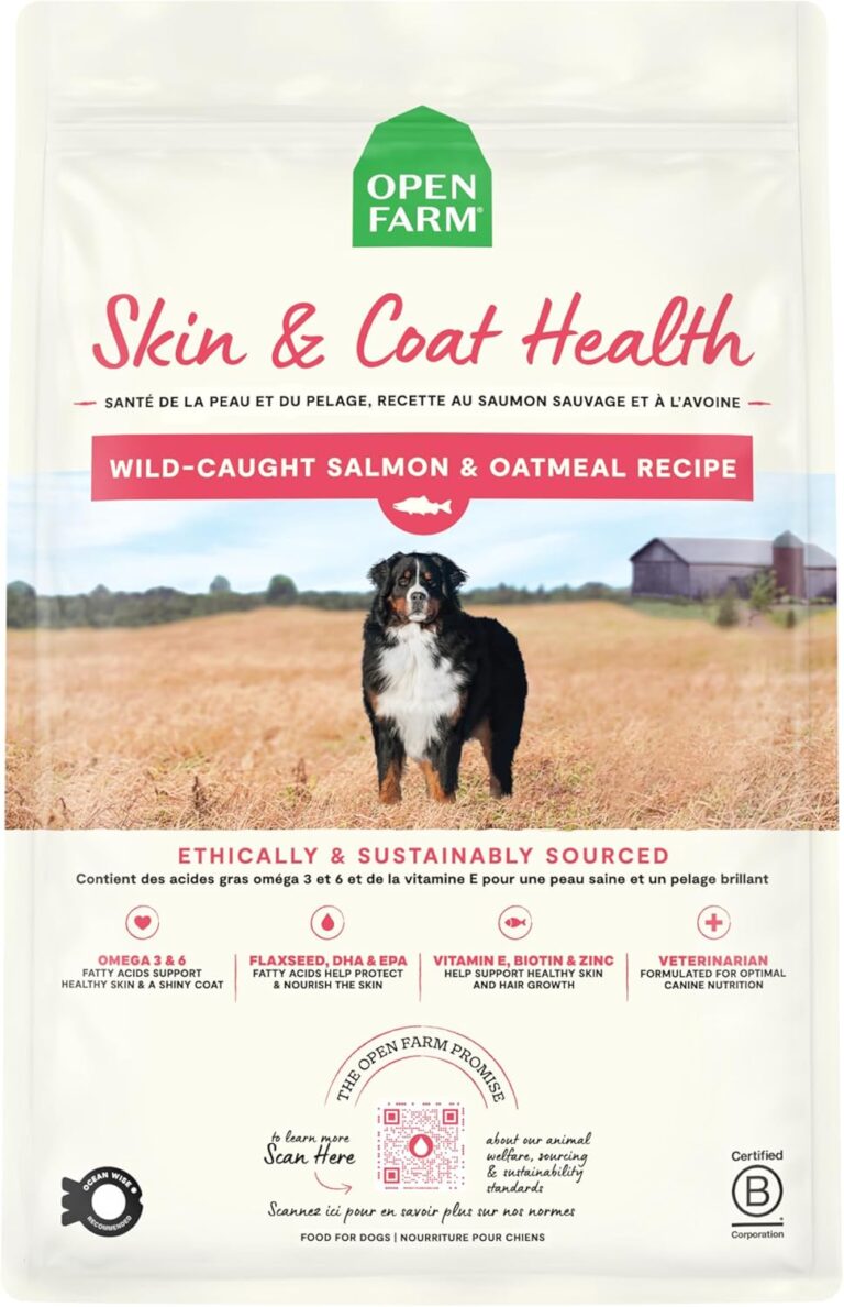 Open Farm, Skin & Coat Health Dog Food, Veterinarian Formulated Kibble with Salmon Oil and Vitamin E to Support Healthy Skin & A Shiny Coat, Wild-Caught Salmon & Oatmeal Recipe, 22lb Bag