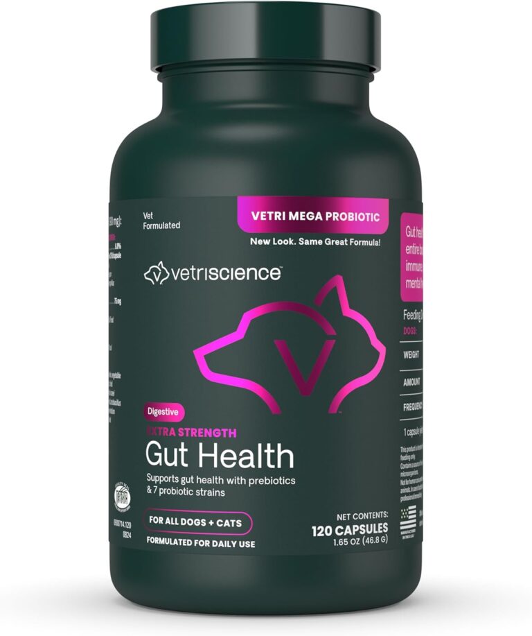 VetriScience Extra Strength Gut Health Easy-Open Capsules, Mega Probiotic and Prebiotic Digestive Supplement for Dogs and Cats, for Diarrhea and Immune Support, 7.5 Billion CFU Per Capsule, 120 Count