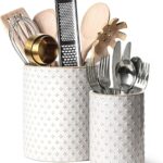 LE TAUCI Utensil Holder for Kitchen Counter - 7.1"+5.4" Ceramic Kitchen Utensil Holder Set of 2, Large Cooking Utensil Crock & Organizer for Spatula, Spoon - Embossed Kitchen Decor, White,Clover
