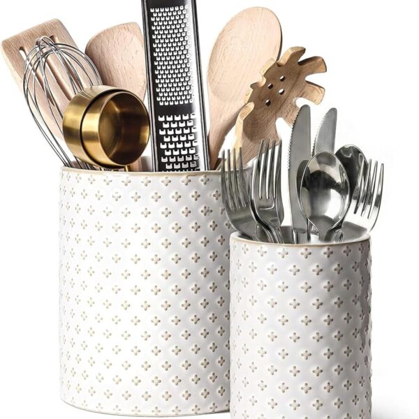 LE TAUCI Utensil Holder for Kitchen Counter - 7.1"+5.4" Ceramic Kitchen Utensil Holder Set of 2, Large Cooking Utensil Crock & Organizer for Spatula, Spoon - Embossed Kitchen Decor, White,Clover