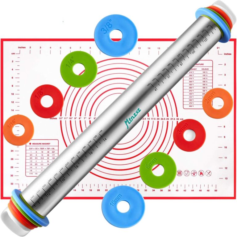 Rolling Pin and Silicone Baking Pastry Mat Set, Stainless Steel Dough Roller, Rolling Pins with Adjustable Thickness Rings, for Baking Fondant, Pizza, Pie, Pastries, Pasta, Cookies