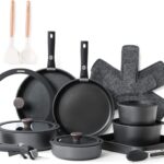 SENSARTE 24 Piece Pots and Pans Set, Nonstick Detachable Handle Cookware, Induction Kitchen Cookware Set with Removable Handle, Healthy Non Stick for RV, DishwasherOven Safe (Black)