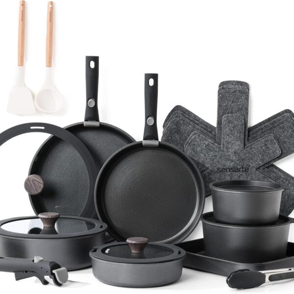SENSARTE 24 Piece Pots and Pans Set, Nonstick Detachable Handle Cookware, Induction Kitchen Cookware Set with Removable Handle, Healthy Non Stick for RV, DishwasherOven Safe (Black)
