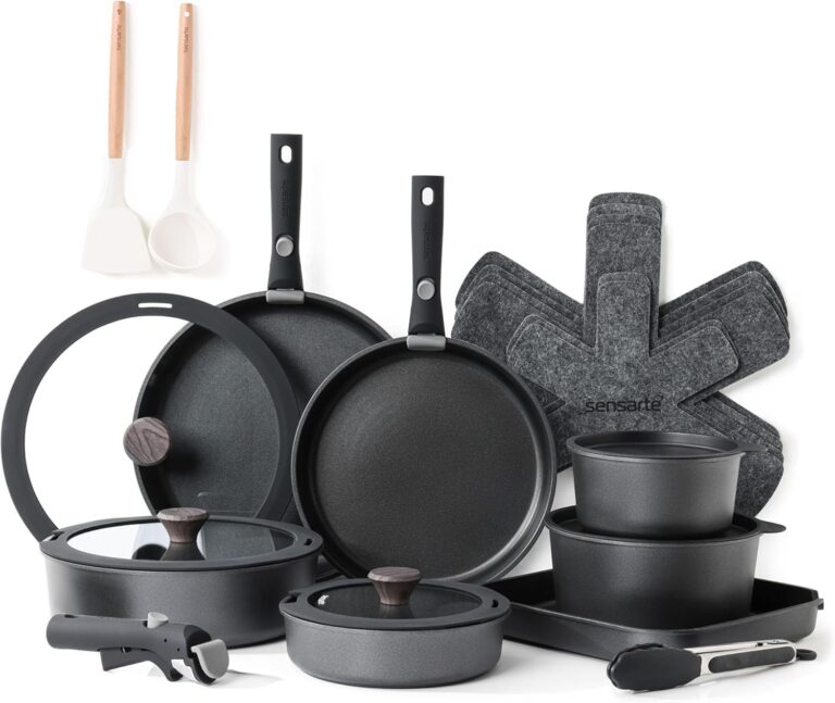 SENSARTE 24 Piece Pots and Pans Set, Nonstick Detachable Handle Cookware, Induction Kitchen Cookware Set with Removable Handle, Healthy Non Stick for RV, DishwasherOven Safe (Black)