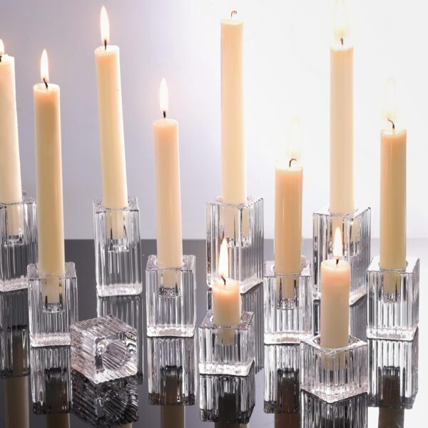 LETINE 12pcs Vertical Stripe Glass Candlestick Holders - Chic Taper Candle Sticks Holder Set for Elegant Dining & Home Decor - Ideal for Wedding Centerpieces, Parties, and Celebrations