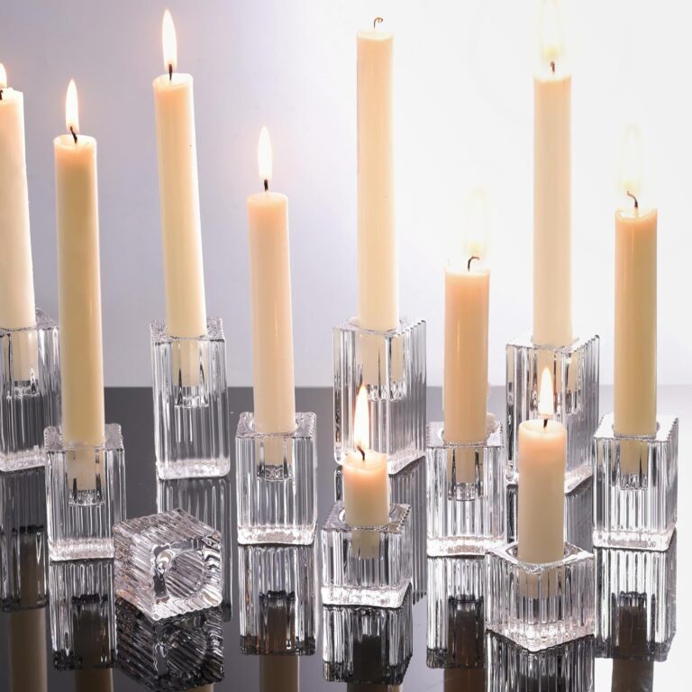 LETINE 12pcs Vertical Stripe Glass Candlestick Holders - Chic Taper Candle Sticks Holder Set for Elegant Dining & Home Decor - Ideal for Wedding Centerpieces, Parties, and Celebrations