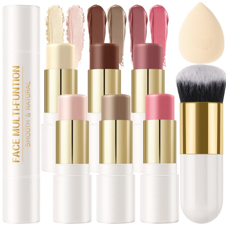 6 Colors Cream Contour Stick Makeup Kit, Shades with Highlighter Stick, Blush Stick and Double-End Bronzer Stick for Sculpt the Cheeks, Waterproof,Dewy & Matte Finish for Beginners