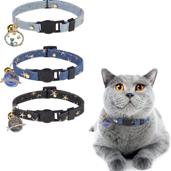 3 Pack Breakaway Cat Collars with Bell- Moon and Stars Pendant Cat Collar for Girl Boy Cats with Safety Buckle- Cute Kitten Collar Adjustable 8"-12" for Kitty Puppy Small Pets