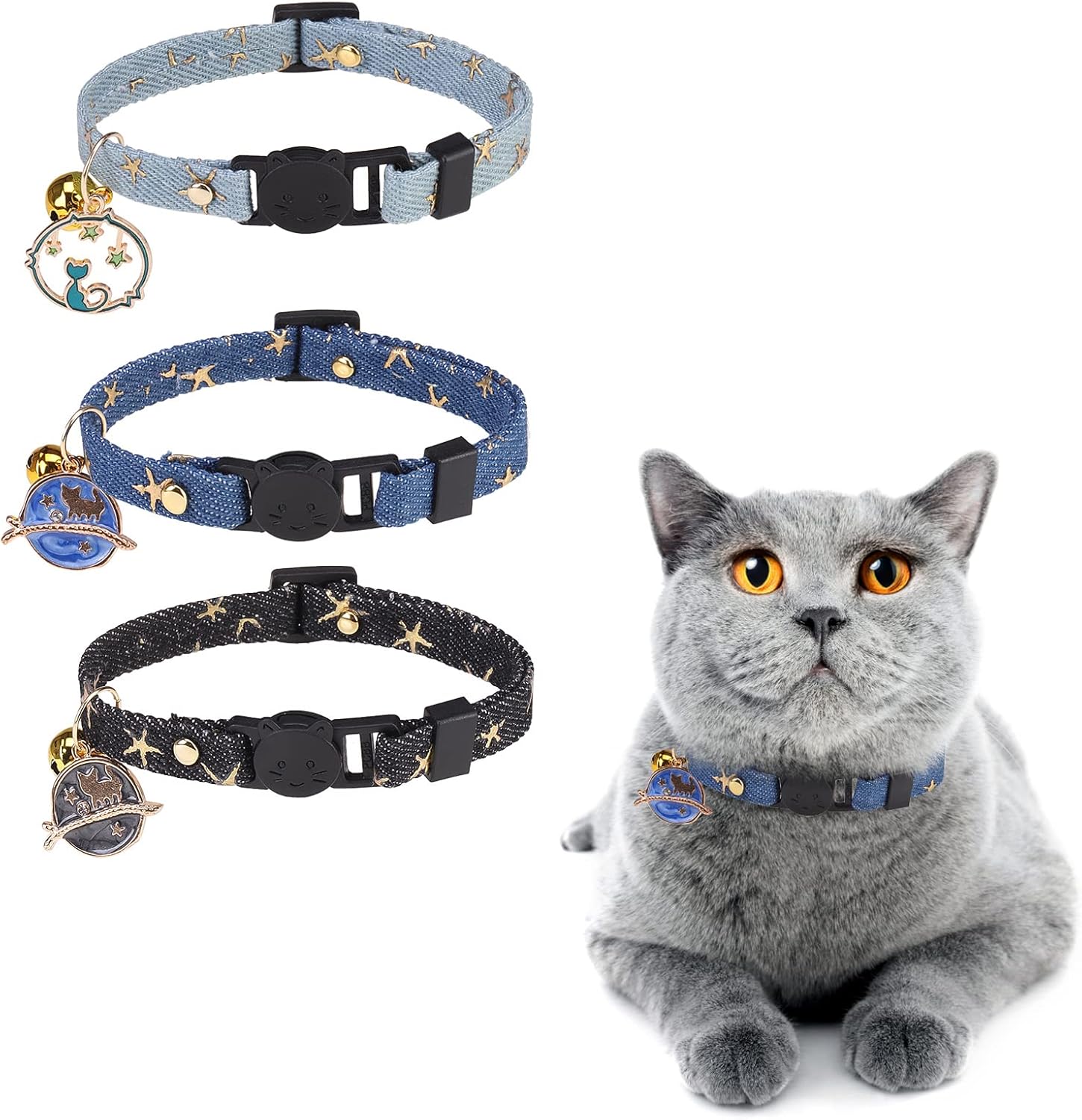 3 Pack Breakaway Cat Collars with Bell- Moon and Stars Pendant Cat Collar for Girl Boy Cats with Safety Buckle- Cute Kitten Collar Adjustable 8"-12" for Kitty Puppy Small Pets 3 Pack Breakaway Cat Collars with Bell- Moon and Stars Pendant Cat Collar for Girl Boy Cats with Safety Buckle- Cute Kitten Collar Adjustable 8"-12" for Kitty Puppy Small Pets