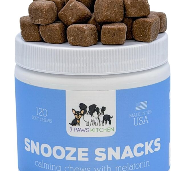 3 Paws Kitchen Snooze Snacks - Calming Chews for Dogs with Melatonin, Chamomile, and Valerian Root - Dog Anxiety Relief Supplement - 120 Soft Chews - Natural, Vet-Approved - Made in USA