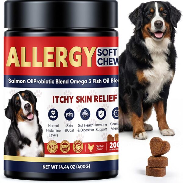 Dog Allergy Chews for Itchy Dog Relief  Probiotic Soft Chews for Pets with Paw Licking, Ear & Seasonal Allergies  Gut & Immune Support, 200 Chews