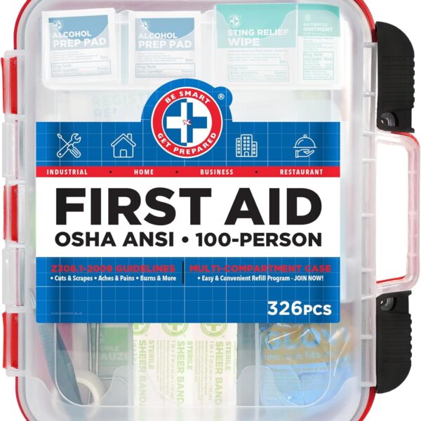 Be Smart Get Prepared First Aid Kit Hard Red Case 326 Pieces Exceeds OSHA and ANSI Guidelines 100 People - Office, Home, Car, School, Emergency, Survival, Camping, Hunting and Sports (20HBC01015REV3)