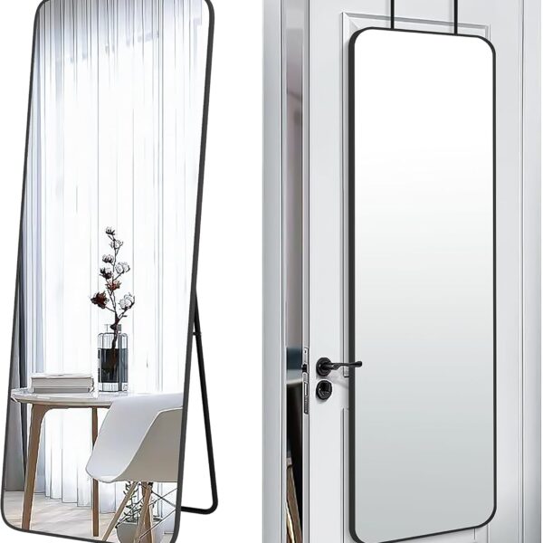 57x20 Door Hanging Full Length Mirror, Floor Stand (Height 5.7ft just Body in1.3ft) Wall Mounted Metal Frame Rectangle Dressing Mirrors for Bedroom Living Room 57 inch Black