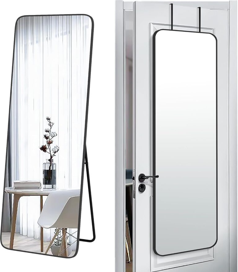 57x20 Door Hanging Full Length Mirror, Floor Stand (Height 5.7ft just Body in1.3ft) Wall Mounted Metal Frame Rectangle Dressing Mirrors for Bedroom Living Room 57 inch Black