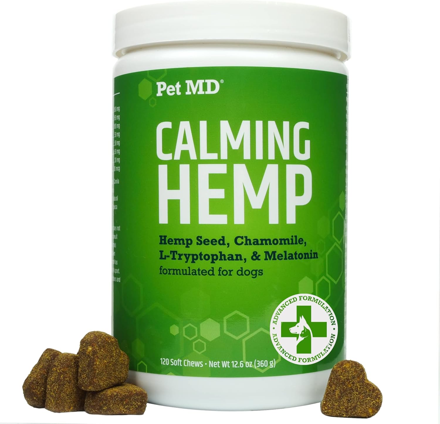 Pet MD Calming Chews for Dogs - Dog Calming Treats with Hemp & Melatonin - Calming, Anxiety Relief, & Separation Relaxant with Chamomile & L-Tryptophan - 120 CT Pet MD Calming Chews for Dogs - Dog Calming Treats with Hemp & Melatonin - Calming, Anxiety Relief, & Separation Relaxant with Chamomile & L-Tryptophan - 120 CT