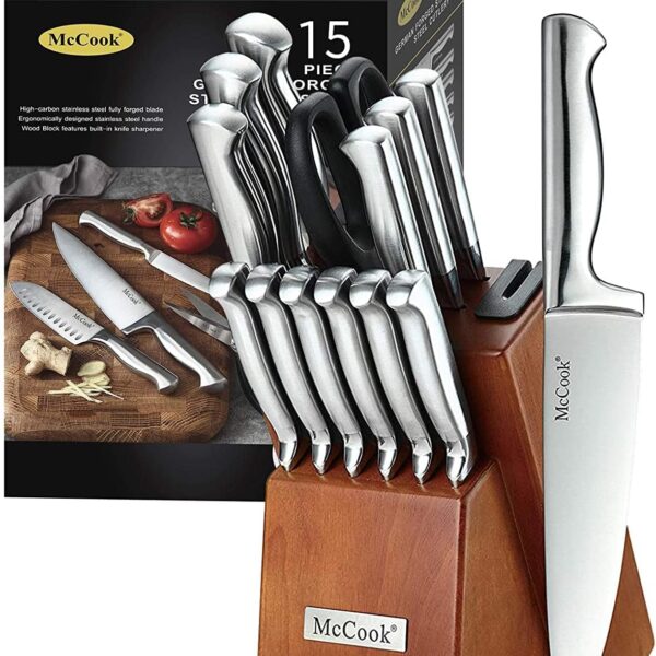 McCook Knife Sets, German Stainless Steel Kitchen Knife Block Sets with Built-in Sharpener