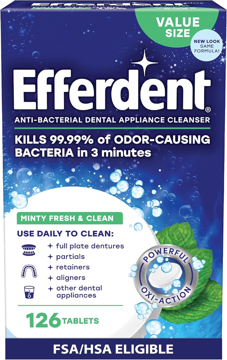 Efferdent Denture Cleaner Tablets Dental Appliances, Aligners, Mouth Guard, and Retainer Cleaner Tablets, Minty Fresh & Clean, 126 Count Efferdent Denture Cleaner Tablets Dental Appliances, Aligners, Mouth Guard, and Retainer Cleaner Tablets, Minty Fresh & Clean, 126 Count