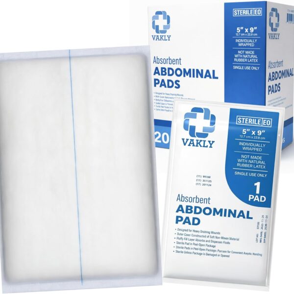 Vakly ABD Combine Abdominal Pads 5x9 Inches [20 Pack] High Absorbency Sterile Individually Wrapped 5''x9'' First Aid Non-Adherent Absorbent Post-Op Gauze - Heavy-Draining, Trauma Wound Dressing