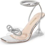 DREAM PAIRS Stiletto Bow Heels for Women Strappy Sparkly Rhinestone Square Toe Clear Crystal High Sandals for Party Wedding