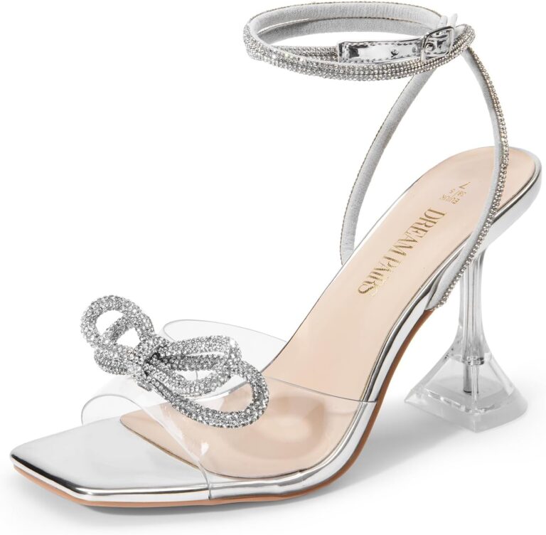 DREAM PAIRS Stiletto Bow Heels for Women Strappy Sparkly Rhinestone Square Toe Clear Crystal High Sandals for Party Wedding