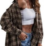 HangNiFang Womens Flannel Plaid Shirts Oversized Button Down Shirts Blouse Tops