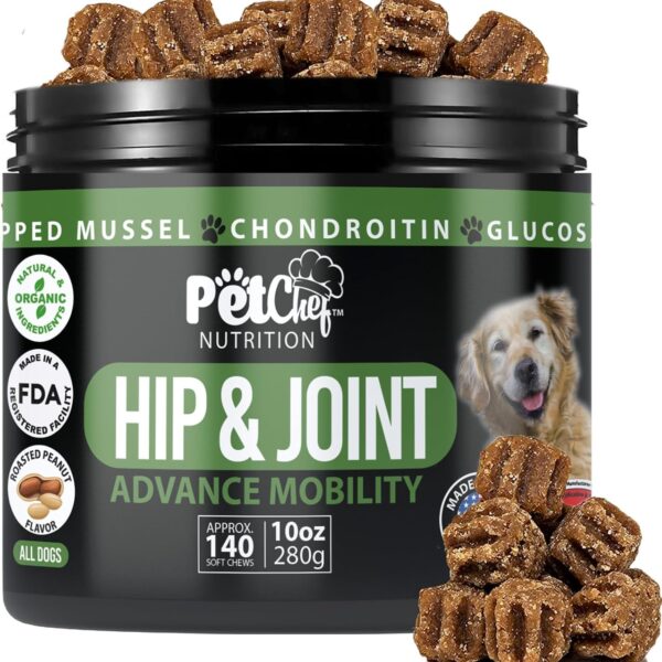 Pet Chef Dog Hip & Joint Pain Relief Supplement - Glucosamine, Chondroitin, MSM, Turmeric - Cannine Arthritis Pain Relief & Mobility Chews - Hip Joint Support Treats Peanut Butter 140ct Low Calories!