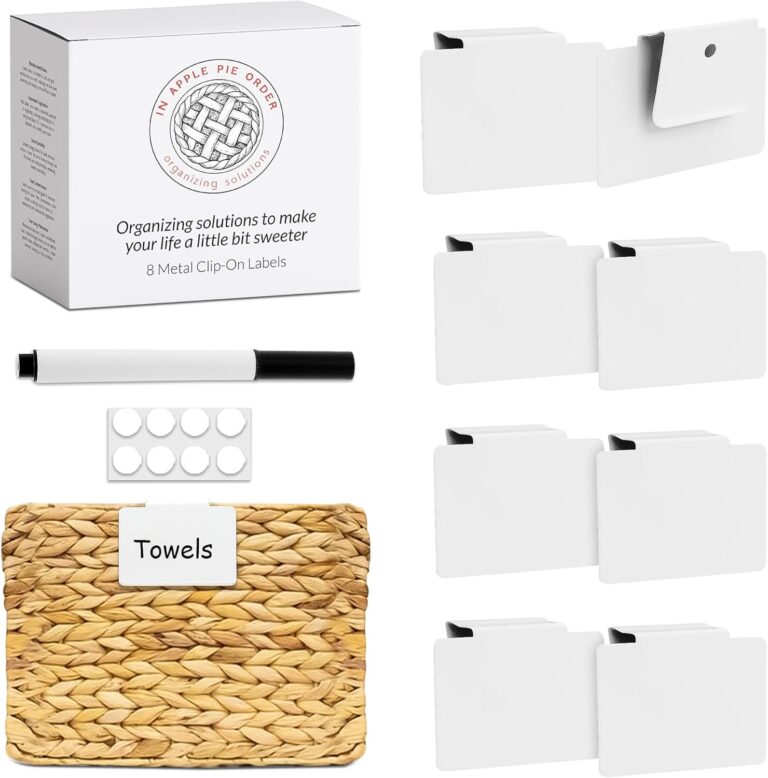 Labels for Storage Bins | Metal Storage Bin Clips (2.5 x 3.5) - Set of 8 Basket Clip On Tags for Storage Bins w/Non-Slip Grip Pads & Dry Erase Marker - Removable Bin Labels for Storage Baskets