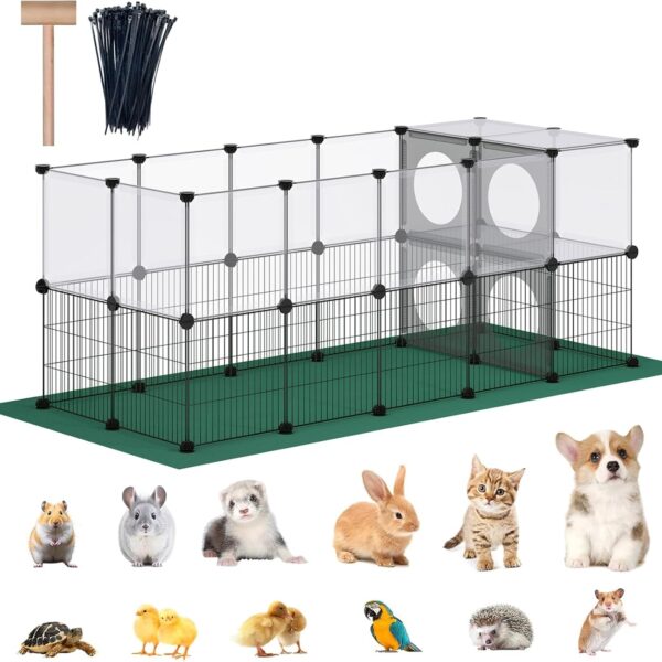 DINMO Small Animal Playpen with Oxford Mat, 24 inches Height, Pet Exercise Fence, Home Protector, Iron Mesh and Plastic Combination, Visualization, DIY, Games Hole Series, 60.2 x 24.8 x 24.8inch