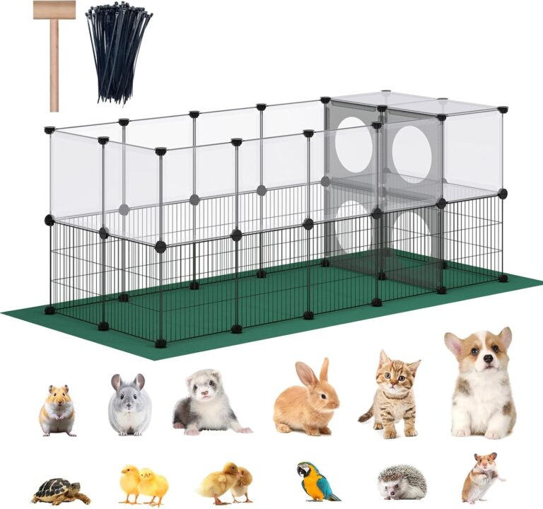 DINMO Small Animal Playpen with Oxford Mat, 24 inches Height, Pet Exercise Fence, Home Protector, Iron Mesh and Plastic Combination, Visualization, DIY, Games Hole Series, 60.2 x 24.8 x 24.8inch