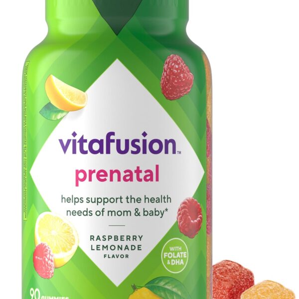 vitafusion PreNatal Gummy Vitamins, Raspberry Lemonade Flavor, Prenatal Vitamin Supplement for Women with Folate and DHA, 45 Day Supply, 90 Count