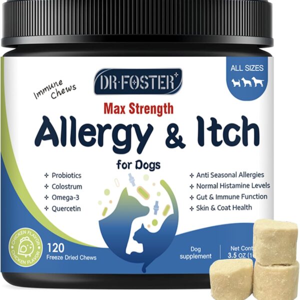 Dog Allergy Relief Chews, with Colostrum, Omega 3,6, Probiotics for Dogs, Support Immune, Dog Itching Skin Relief, Natural Dry Skin & Itch Relief for Dogs, Hot Spot Treatment, Seasonal Allergy Relief