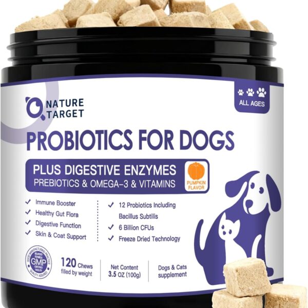 NATURE TARGET Probiotics for Dogs, 6 Billion Dog Probiotics with Prebiotics & Enzymes for Digestive & Gut Health, Pumpkin, Omega-3 & Multivitamins for Itchy Skin, Allergies, 120 Dogs Probiotics Chews