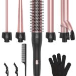 ANIEKIN 5 in 1 Curling Iron Set, Fast Heat Up Curling Wand from 3/8 to 1 1/4 Inch and a Thermal Brush Come with, Dual Voltage Hair Curler for Women All Hair Types and Travel Use, Gifts for Women