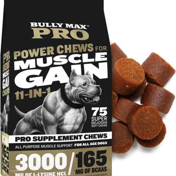 Bully Max 11-in-1 Muscle Gain Power Chews - High Protein Dog Supplement with Amino Acids - Healthy Treats for Puppy & Adult Dogs - Premium Muscle Builder for All Breeds - 75 Tasty Soft Dog Chews