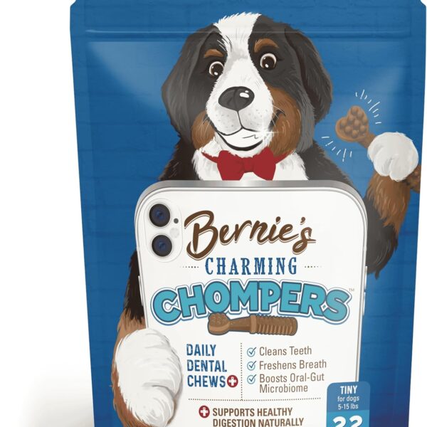 Bernie's Charming Chompers - Daily Dental Chews for Dogs 5-15 Lbs. - 22 Count - Cleans Teeth, Freshens Breath, + Boosts Oral-Gut Microbiome. Easy to Digest, Supports Healthy Digestion Naturally