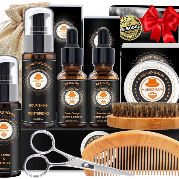 XIKEZAN Beard Kit for Men Grooming & Care w/Beard Conditioner, Wash, Oil, Balm, Brush, Comb,Birthday Fathers Valentines Gifts for Men Him Dad Husband Boyfriend Christmas Gifts Mens Stocking Stuffers