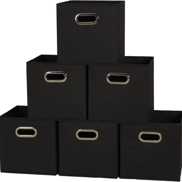 Household Essentials Foldable Fabric Storage Bins 6 Piece Set, Strong Poly-Woven Fabric, Sturdy Chipboard Sides, Grommet Front Handle, Stackable and Foldable, Classic Design, Black
