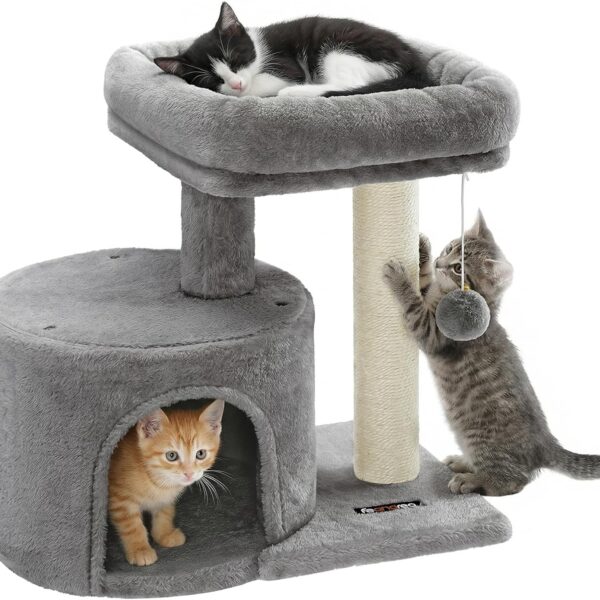 Feandrea Cat Tree, Small Cat Tower with Sisal Scratching Post, Plush Condo with Padded Perch, for Small Spaces, Kittens, Light Gray UPCT50W