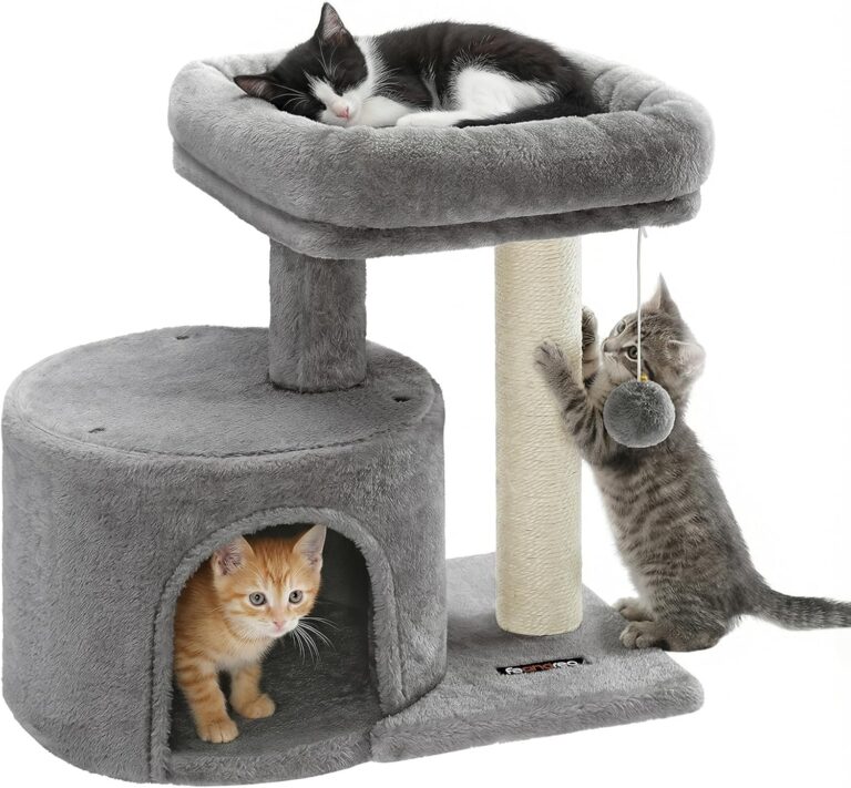 Feandrea Cat Tree, Small Cat Tower with Sisal Scratching Post, Plush Condo with Padded Perch, for Small Spaces, Kittens, Light Gray UPCT50W