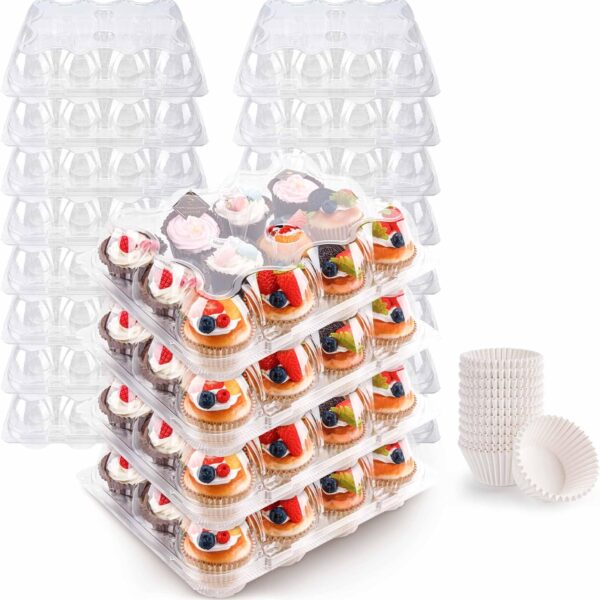 12 Count Cupcake Containers 12 Pack Cupcake Holders Plastic Stackable Cupcake Boxes with Detachable Tall Dome Lids and 144 Liners for 144 Cupcakes, BPA Free, Standard Size