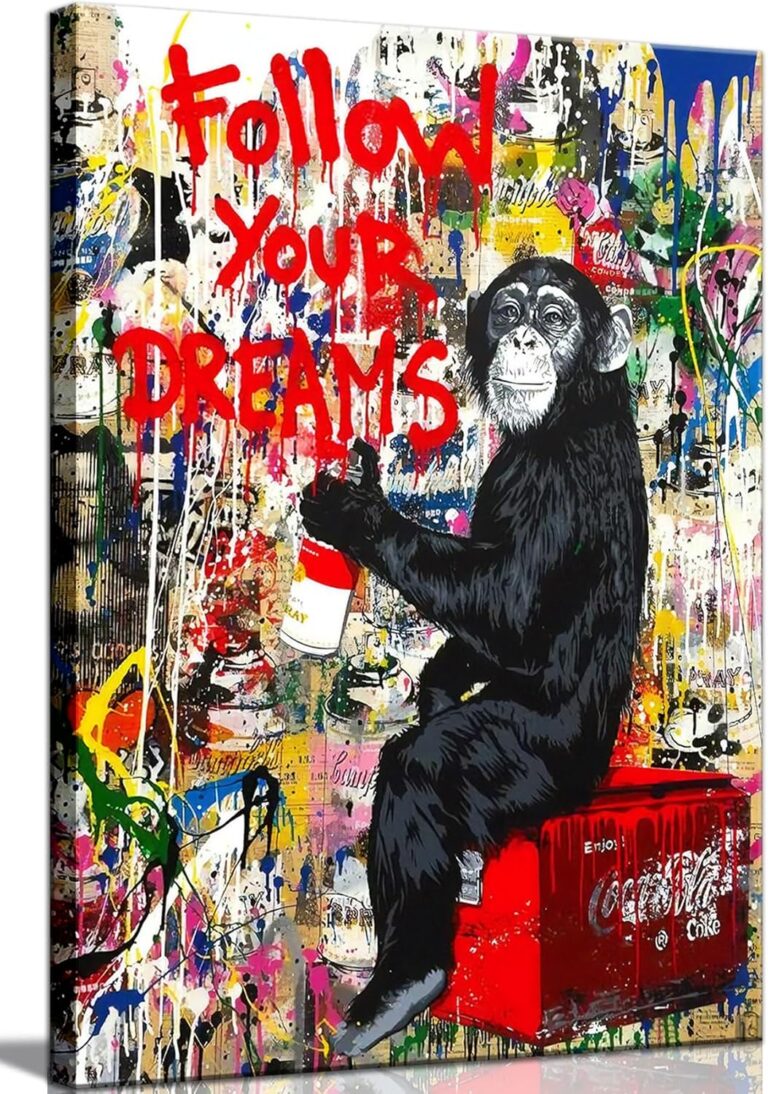 AKOTAC Monkey Street Graffiti Canvas Print Wall Art,-Follow Your Dreams Animal Canvas Art for Living Room Office Wall Decor Home Decoration Framed Ready to Hang,bedroom decor for men