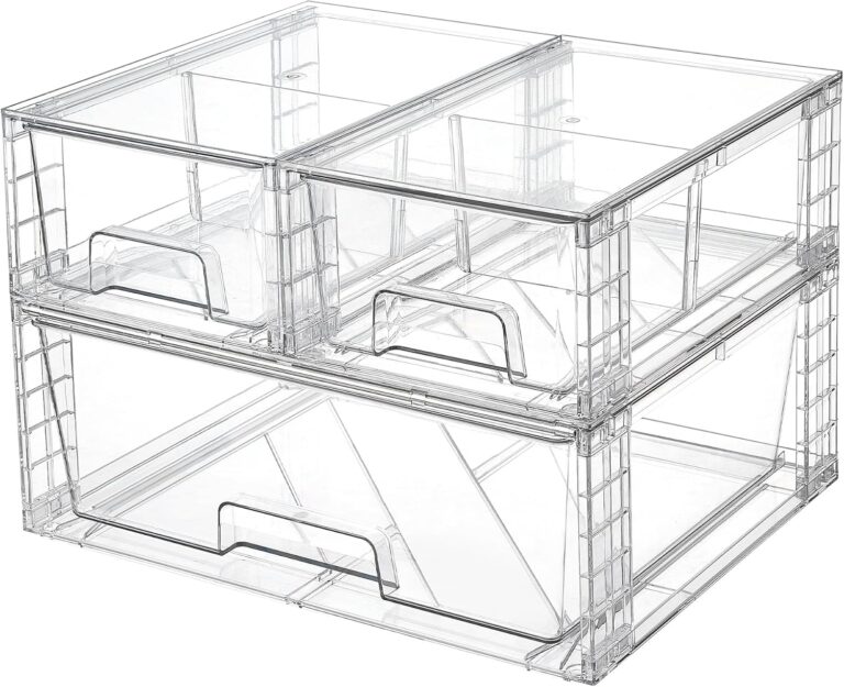 Vtopmart 3 Pack Stackable Storage Drawers, Easily Assemble Acrylic Bathroom Undersink Organizers,Clear Plastic Storage Bins for Closet,Cabinet,Pantry,Medicine Organization