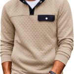COOFANDY Quilted Sweatshirts for Men Quarter Button Pullover Sweatshirt Stand Collar Outdoor Polo with Pockets