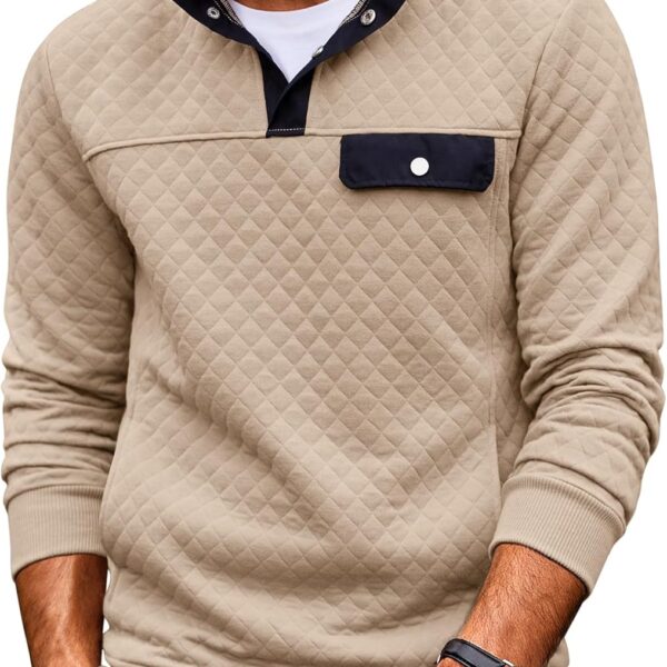 COOFANDY Quilted Sweatshirts for Men Quarter Button Pullover Sweatshirt Stand Collar Outdoor Polo with Pockets