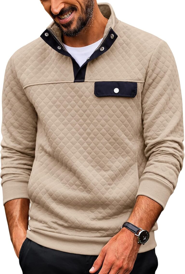 COOFANDY Quilted Sweatshirts for Men Quarter Button Pullover Sweatshirt Stand Collar Outdoor Polo with Pockets