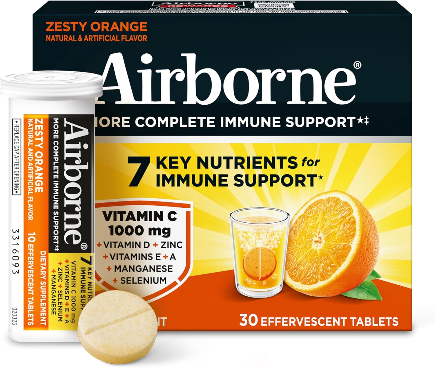 Airborne 1000mg Vitamin C with Vitamin D & Zinc, Sugar Free Multivitamin Immune Support Supplement, Antioxidants Vitamins A C & Vitamin E, 30 Effervescent Tablets, Zesty Orange Flavor Airborne 1000mg Vitamin C with Vitamin D & Zinc, Sugar Free Multivitamin Immune Support Supplement, Antioxidants Vitamins A C & Vitamin E, 30 Effervescent Tablets, Zesty Orange Flavor